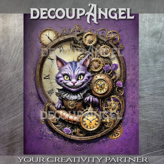 Cheshire Cat in Lila Steampunk-Dekoupage Seidenpapier