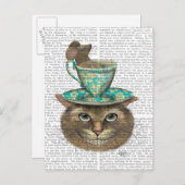 Cheshire Cat mit Cup auf Kopf Postkarte (Vorne/Hinten)