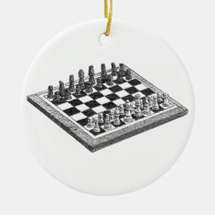 Chess Board and Chess Pieces Vintage Art Keramik Ornament