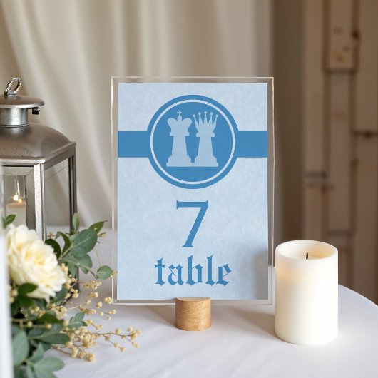 Chess King and Queen Wedding Table Card, Blue Tischnummer