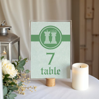 Chess King and Queen Wedding Table Card, Green Tischnummer