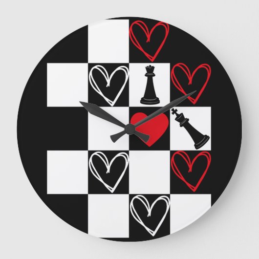 Chessboard Heart Valentinstag B&W Große Wanduhr (Vorderseite)