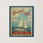 Chestertown Jigsaw Puzzle Sailboat Retro Maryland<br><div class="desc">Diese Grüße aus Chestertown Maryland Vintage Reise nautische Design verfügt über ein Boot auf dem Wasser mit Möwen und einen blauen Himmel gefüllt mit prächtigen puffigen weißen Wolken.</div>