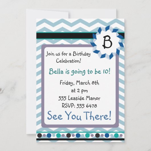 Cheveron Monogramm-Karte mit blauer, aquamariner, Einladung (Vorderseite)