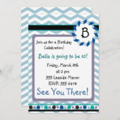 Cheveron Monogramm-Karte mit blauer, aquamariner, Einladung (Vorne/Hinten)