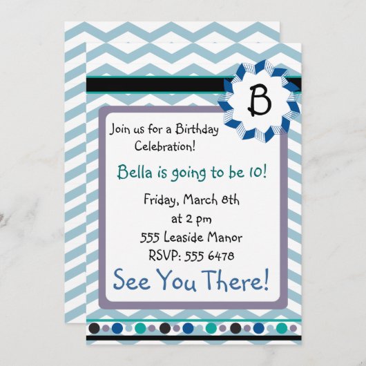 Cheveron Monogramm-Karte mit blauer, aquamariner, Einladung (Vorne/Hinten)