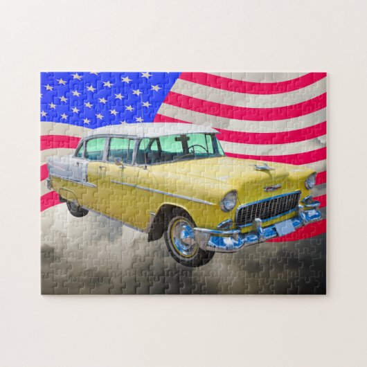 Chevrolet-Bel Air 1955 mit amerikanischer Flagge Puzzle (Horizontal)