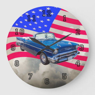 Chevrolet-Bel Air 1957 mit amerikanischer Flagge Große Wanduhr