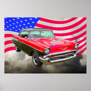 Chevrolet-Bel Air 1957 und -amerikanische Flagge Poster