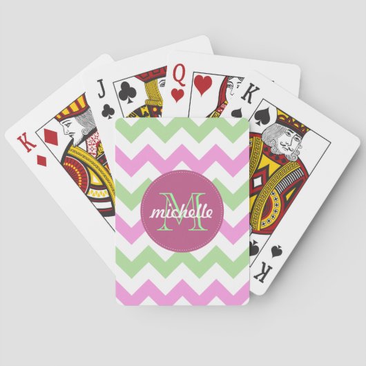 Chevron Light Pink Green Monogram Circle Stitches Spielkarten (Rückseite)