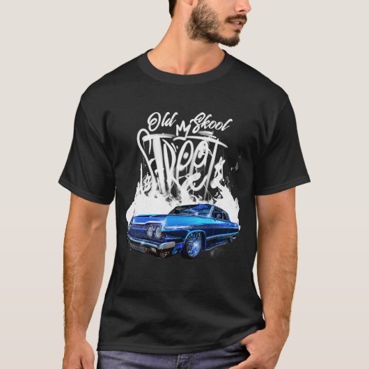 Chevy Low Rider Blue Car Old School White Flames T-Shirt (Vorderseite)
