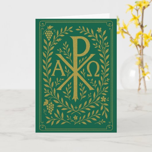 Chi Rho Alpha Omega Gold Symbol auf Grün Karte (Gelbe Blume)