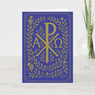 Chi Rho Alpha Omega Goldenes Symbol auf Blau Karte