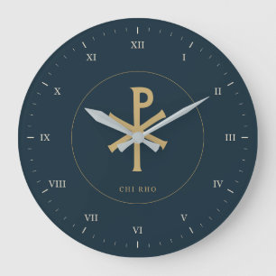 Chi Rho in Ocker-Gold mit römischen Ziffern Große Wanduhr