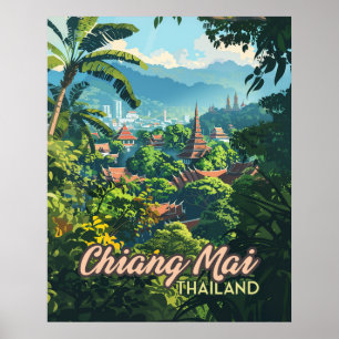 Chiang Mai Thailand Asien Tempel Berge Vintage Poster