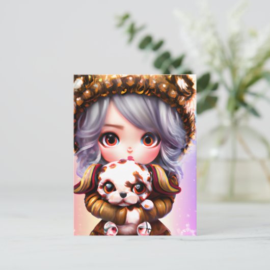 Chibi Adorable Little Girl im Winter verkleidet Postkarte (Stehend Vorderseite)