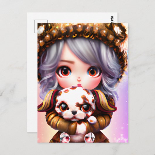 Chibi Adorable Little Girl im Winter verkleidet Postkarte (Vorne/Hinten)