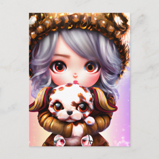 Chibi Adorable Little Girl im Winter verkleidet Postkarte (Vorderseite)