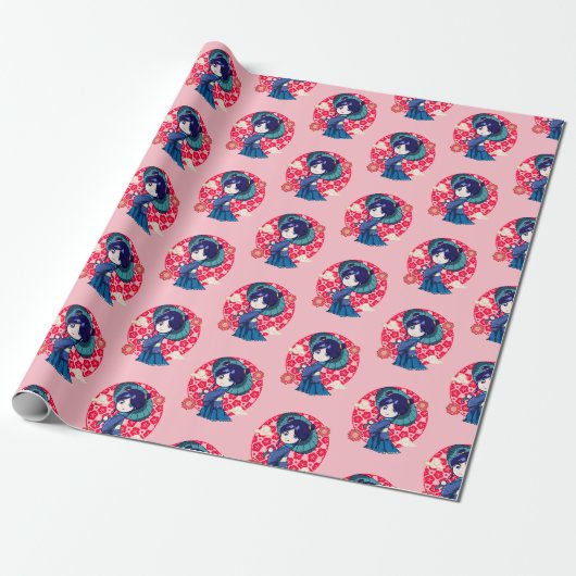 Chibi Anime Kawaii Kimono Geschenkpapier (Ungerollt)