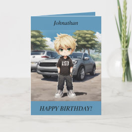 Chibi Boy stehend mit der Geburtstagskarte Feiertagskarte