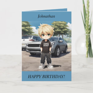 Chibi Boy stehend mit der Geburtstagskarte Feiertagskarte