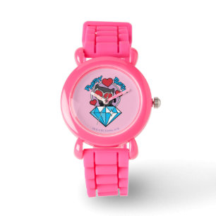 Chibi Catfrau sitzt oben auf großen Diamanten Armbanduhr