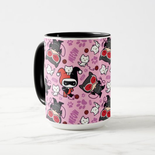 Chibi Catwoman, Harley Quinn & Kittens Pattern Tasse (Vorderseite Links)