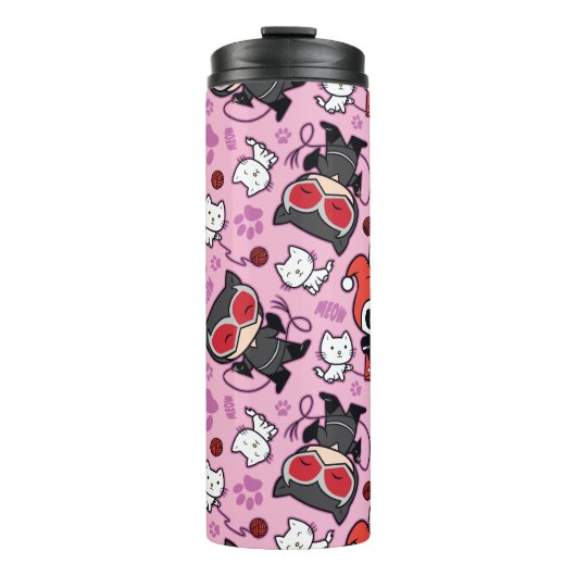 Chibi Catwoman, Harley Quinn & Kittens Pattern Thermosbecher (Vorderseite)