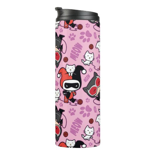 Chibi Catwoman, Harley Quinn & Kittens Pattern Thermosbecher (Nach rechts gedreht)