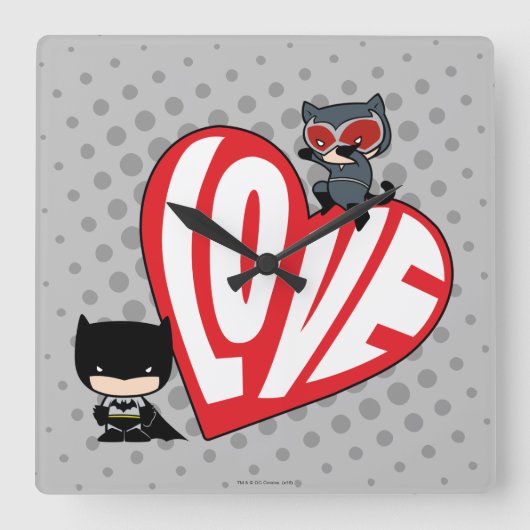 Chibi Catwoman Pounce zu Batman Quadratische Wanduhr (Vorderseite)