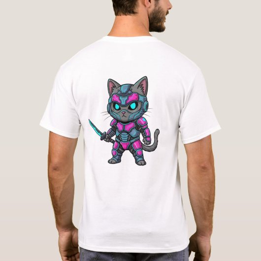 Chibi Cyber Ninja Cat – Neon Armor T-Shirt (Rückseite)