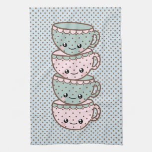 Chibi Dotty Teacup Stack Pink und Blau Geschirrtuch