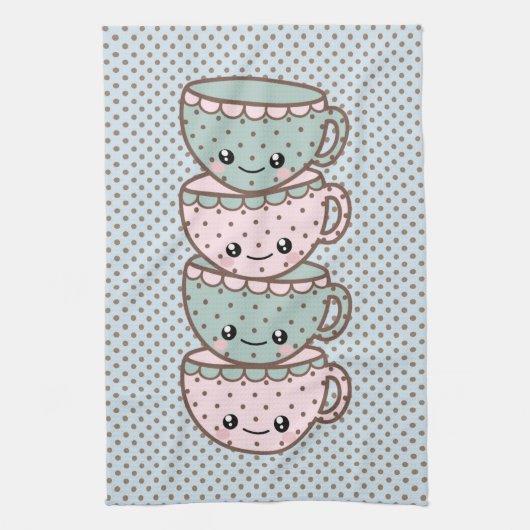 Chibi Dotty Teacup Stack Pink und Blau Geschirrtuch (Vertikal)
