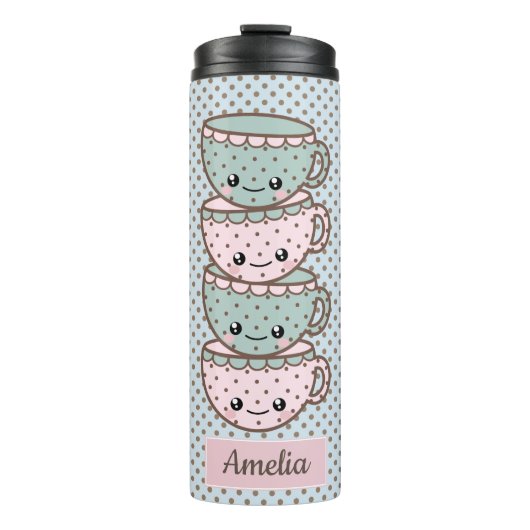 Chibi Dotty Teacup Stack Pink und Blau Thermosbecher (Vorderseite)
