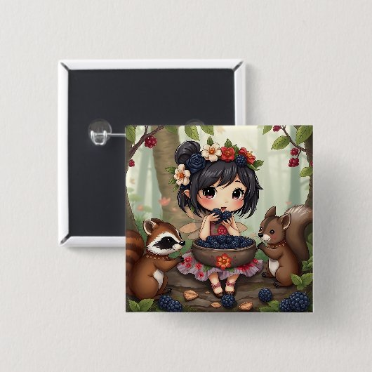Chibi Fairy Eating Blackberries with Forest Friend Button (Vorne & Hinten)