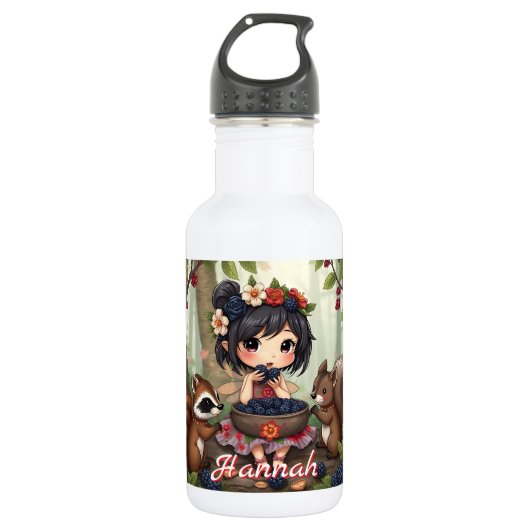 Chibi Fairy Eating Blackberries with Forest Friend Edelstahlflasche (Vorderseite)