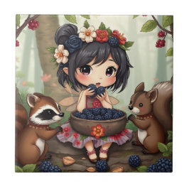 Chibi Fairy Eating Blackberries with Forest Friend Fliese