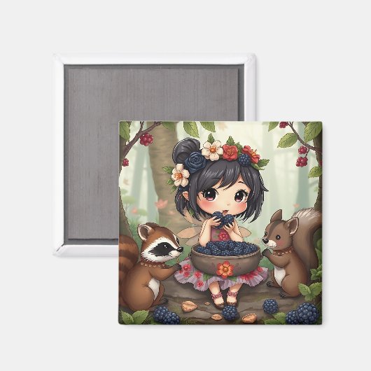 Chibi Fairy Eating Blackberries with Forest Friend Magnet (Vorderseite/Rückseite)