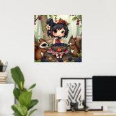 Chibi Fairy Eating Blackberries with Forest Friend Poster (Heimbüro)