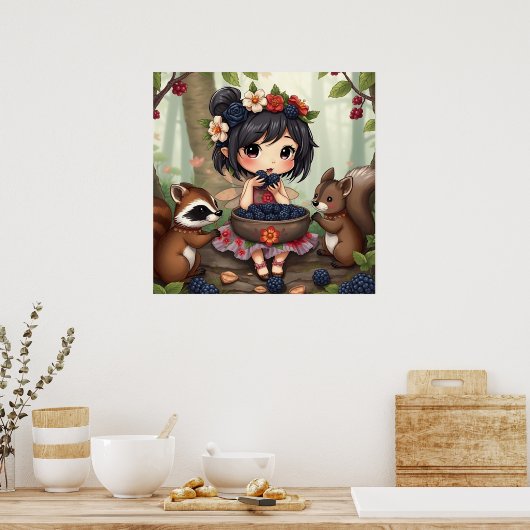 Chibi Fairy Eating Blackberries with Forest Friend Poster (Küche)