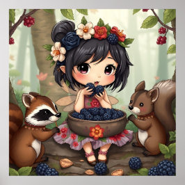 Chibi Fairy Eating Blackberries with Forest Friend Poster