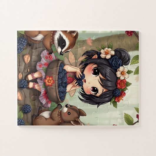 Chibi Fairy Eating Blackberries with Forest Friend Puzzle (Horizontal)