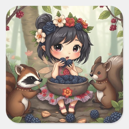Chibi Fairy Eating Blackberries with Forest Friend Quadratischer Aufkleber (Vorderseite)