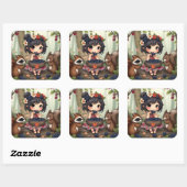 Chibi Fairy Eating Blackberries with Forest Friend Quadratischer Aufkleber (Blatt)