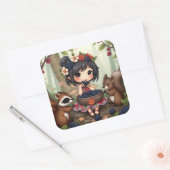 Chibi Fairy Eating Blackberries with Forest Friend Quadratischer Aufkleber (Umschlag)