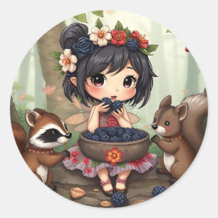 Chibi-Fee, die mit ihrem Wald Freund Brombeeren is Runder Aufkleber