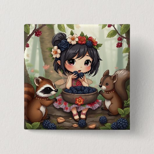Chibi-Fee, die mit Waldtieren Brombeeren isst Button (Vorderseite)