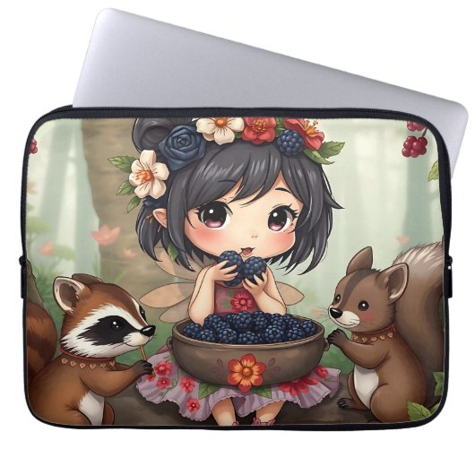 Chibi-Fee, die mit Waldtieren Brombeeren isst Laptopschutzhülle (Vorderseite)