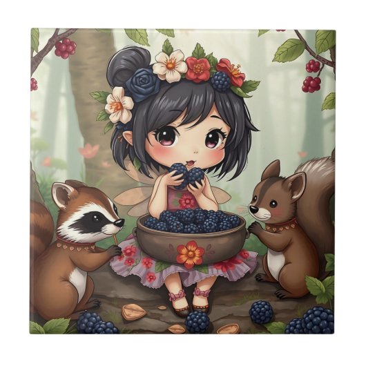 Chibi-Fee isst Brombeeren mit Waldtieren Fliese (Vorderseite)
