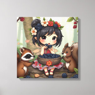 Chibi-Fee isst Brombeeren mit Waldtieren Leinwanddruck